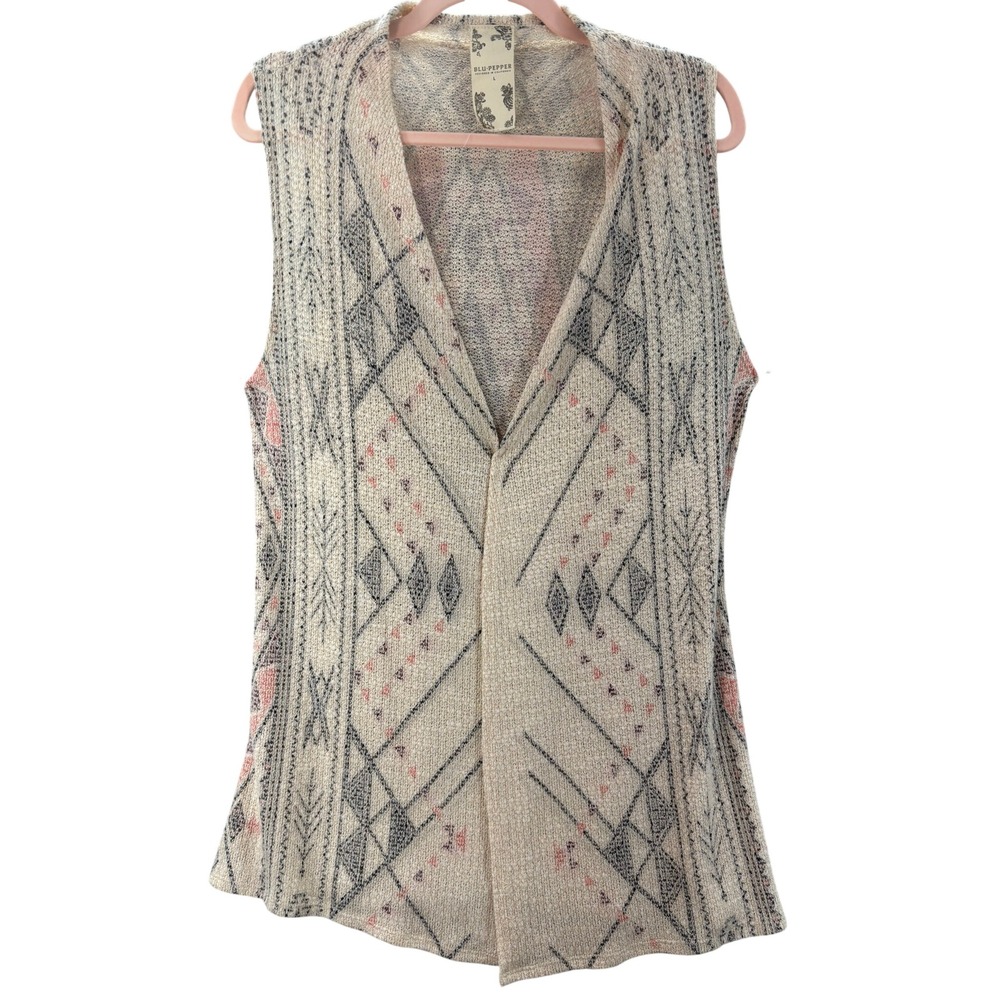 Blu Pepper Geometric Tribal Open Front Vest Womens Large Cream Grey Coral DB3724